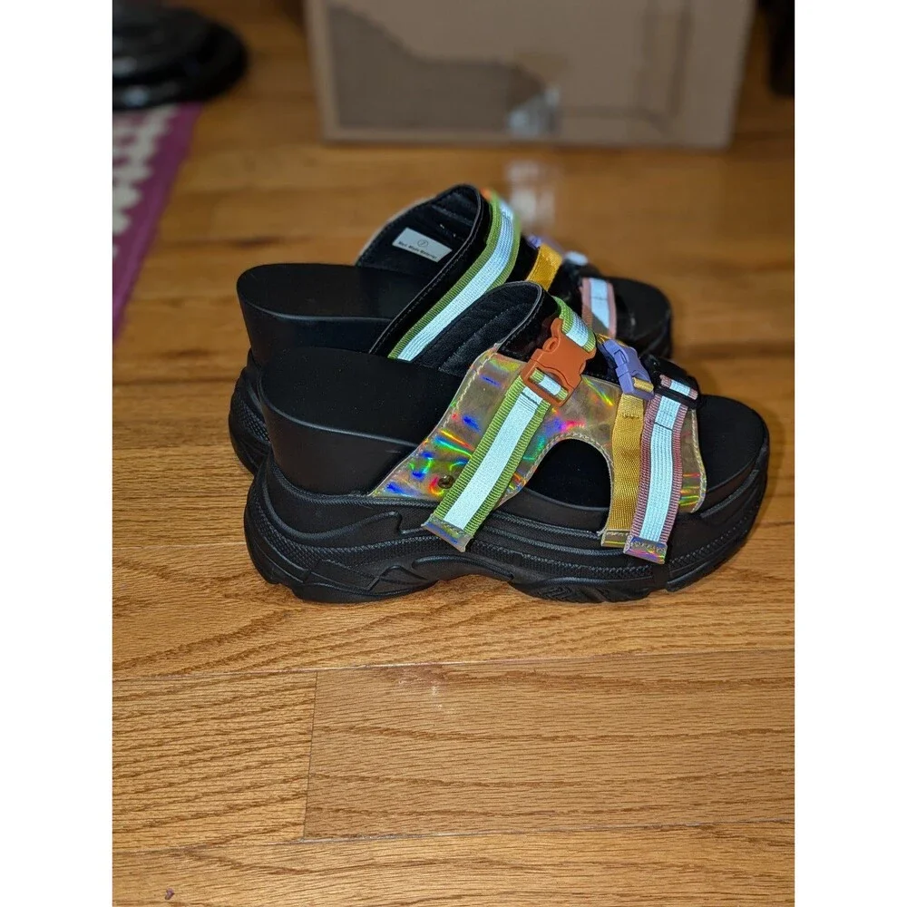 Y2K Festival Holographic‎ Platform Wedge Sandals Chunky Goth Rave Size 7